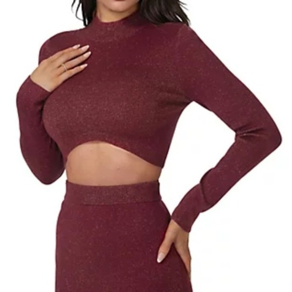 Bebe Merlot Lurex Metallic Mock Neck Long Sleeve Crop Top Sz S Club Holiday